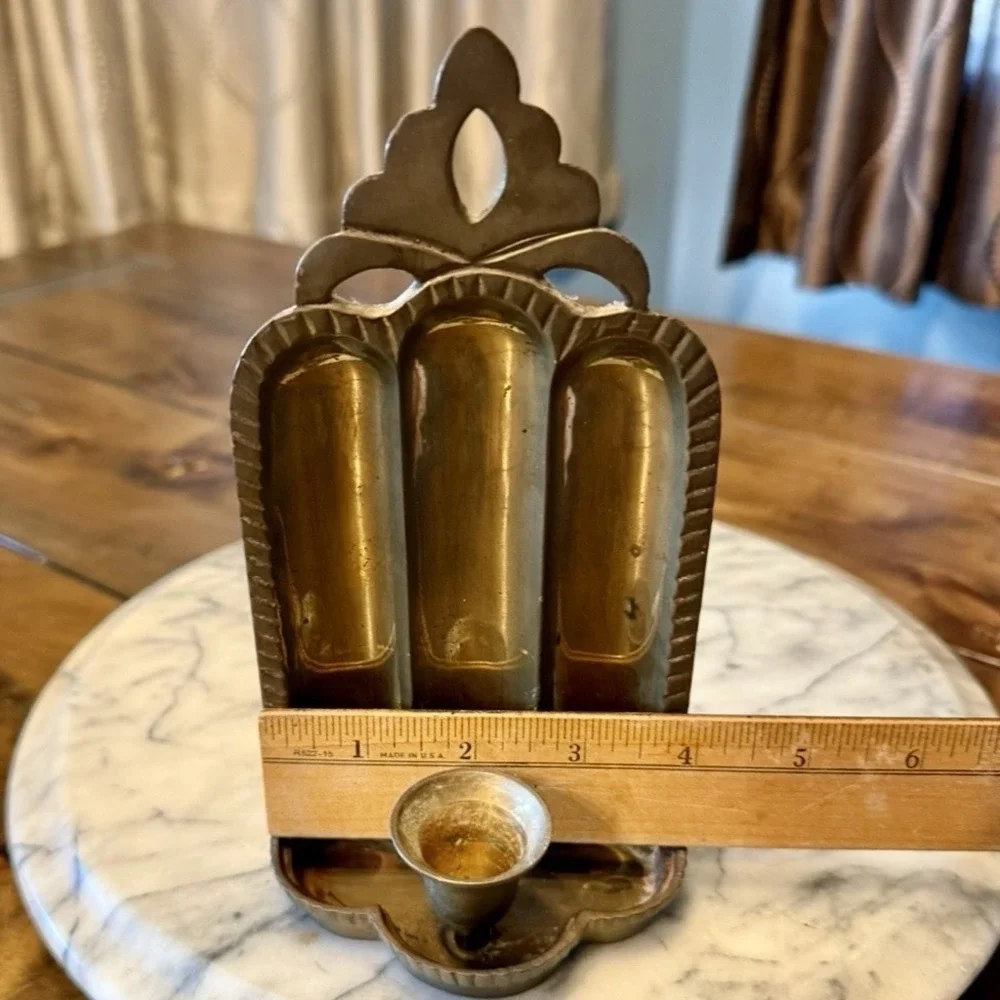 VTG 60s MCM Art Deco Style Brass Patina Wall Sconce Candle Holder India 7.5